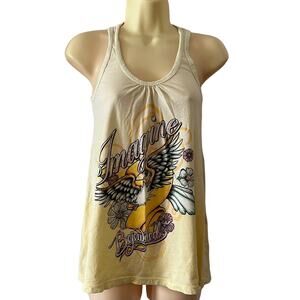 Bejeweled Size S Yellow Embellished Tank Top Woman Size Small Tattoo Print